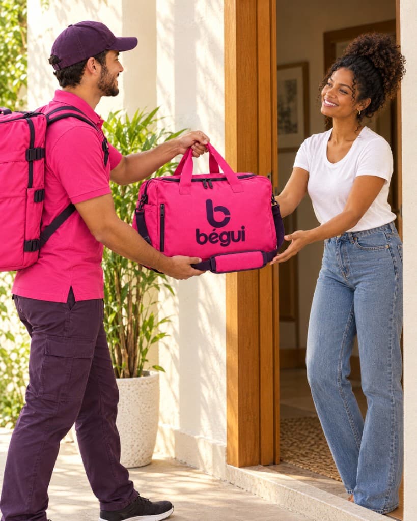 Entregador entrega a bolsa pink da Bégui para a cliente na porta de casa