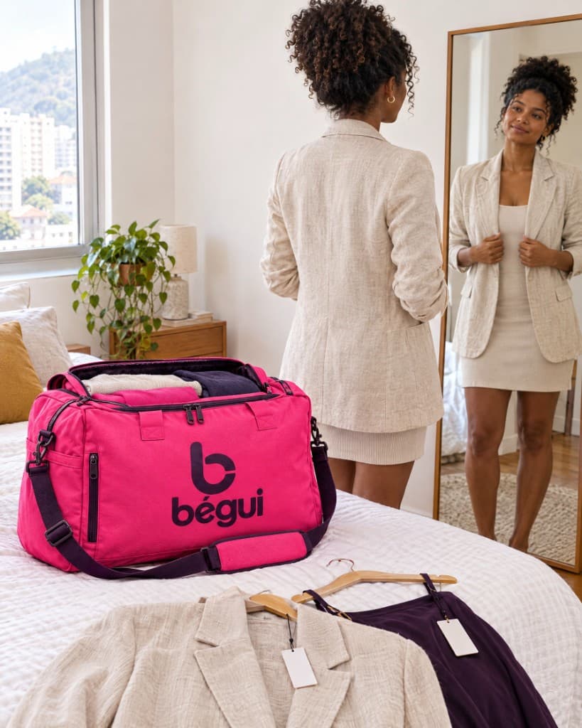 Cliente experimenta um blazer no quarto, com a malinha aberta sobre a cama
