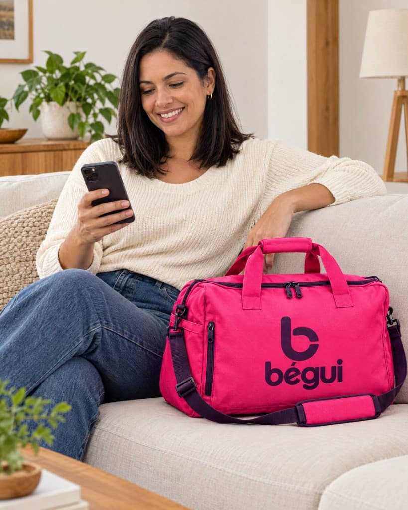 Cliente no sofá, com o celular e a bolsa pink da Bégui ao lado