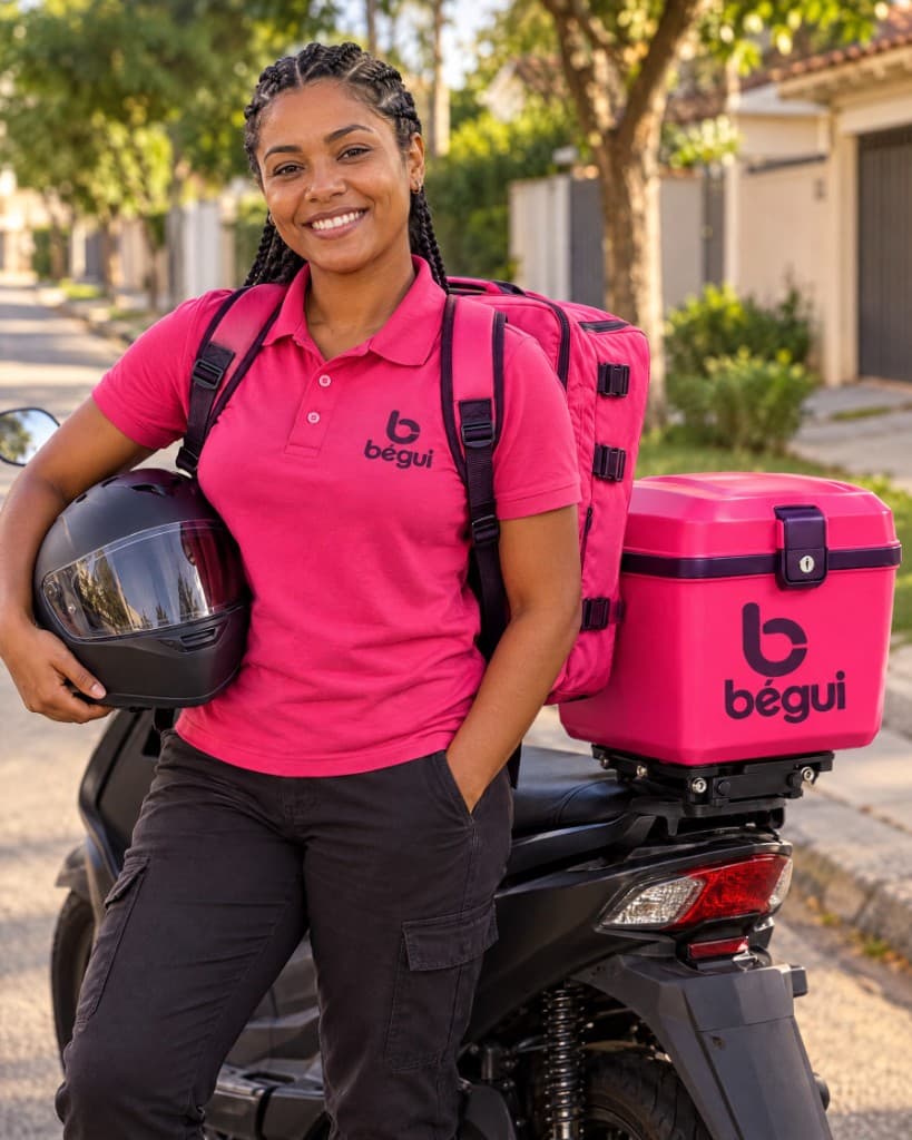 Entregadora de polo pink, com mochila e baú da Bégui, ao lado da moto