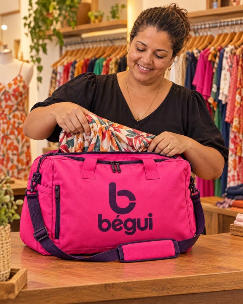 Lojista coloca uma peça na bolsa pink da Bégui no balcão da loja