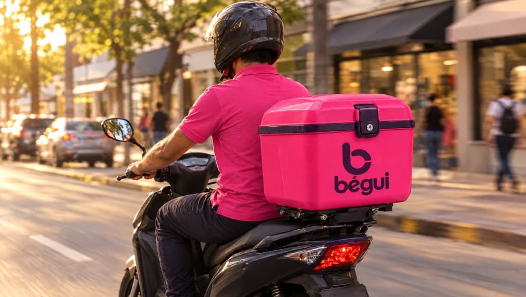 Entregador de moto com o baú pink da Bégui atravessando a avenida